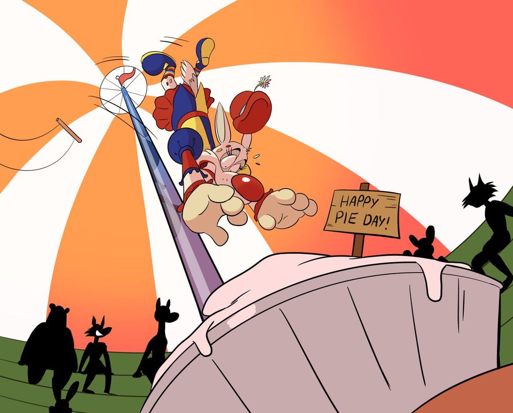 Splat falling from the trapeze into a giant pie. The sign on pie saying “HAPPY PIE DAY!”