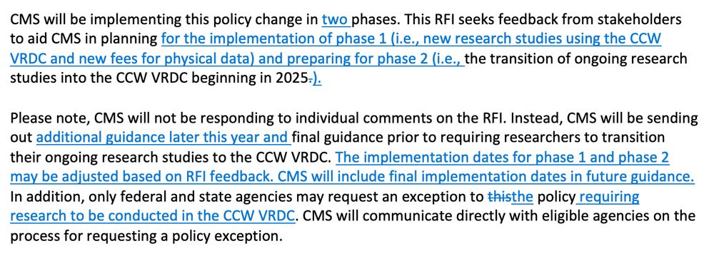 Screenshot of tracked changes between original and new CMS RFI