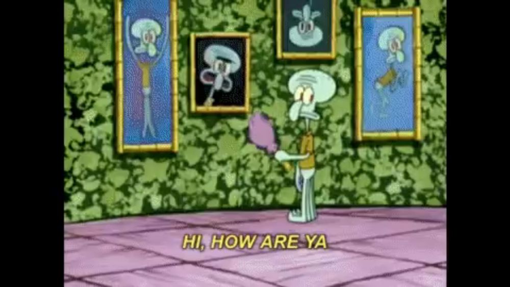 a cartoon of squidward from spongebob squarepants standing in front of a wall of pictures