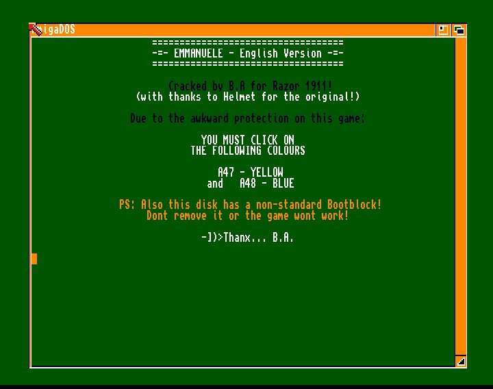 Screenshot of "Emmanuelle" - Crack: Razor 1911 (RZR) - Intro Hack: Conspiracy - Published by Tomahawk on Commodore Amiga (1989)