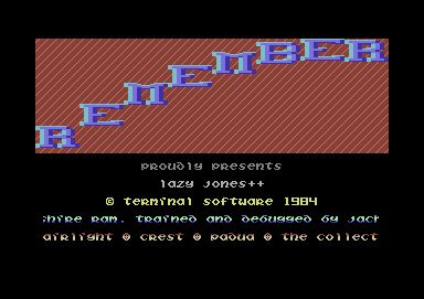 Screenshot of "Lazy Jones" - Crack: Remember - Trainer: +2 - Published by Terminal Software on Commodore 64 (1984)