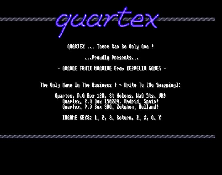 Screenshot of "Arcade Fruit Machine" - Crack: Quartex (QTX) - Published by Zeppelin on Commodore Amiga (1991)