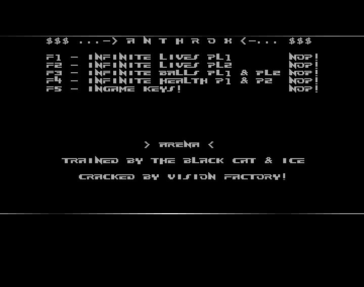 Screenshot of "Arena" - Crack: Vision Factory (VF) - Trainer (+5): Anthrox (ATX) - Published by Defcom on Commodore Amiga (1992)