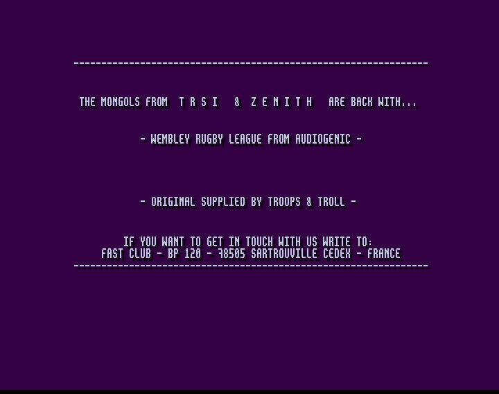 Screenshot of "Wembley Rugby League" - Crack: Tristar & Red Sector Inc. (TRSi) & Zenith - Published by Audiogenic on Commodore Amiga (1994)