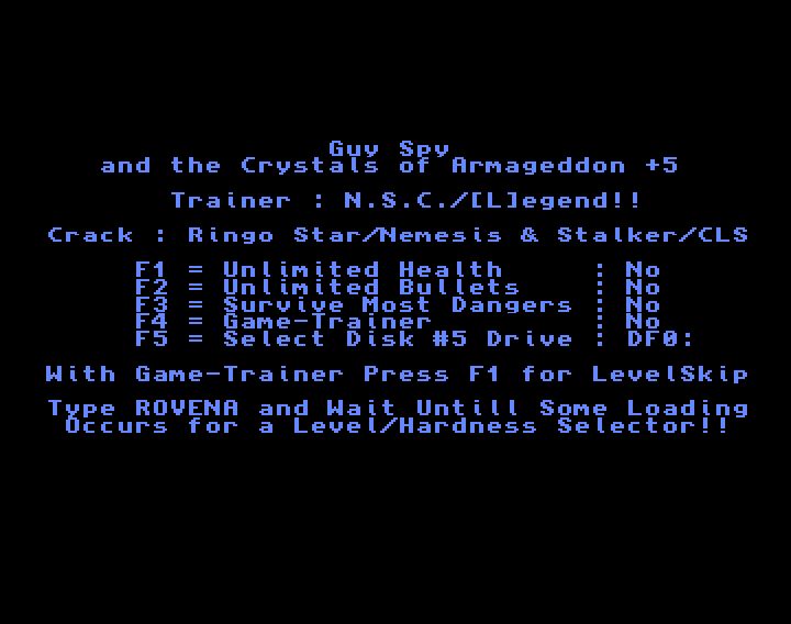 Screenshot of "Guy Spy and the Crystals of Armageddon" - Crack: Nemesis - Trainer (+5): Legend (LGD) - Published by ReadySoft on Commodore Amiga (1992)