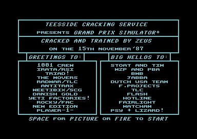 Screenshot of "Grand Prix Simulator" - Crack: The Teesside Cracking Service (TCS) - Published by Code Masters on Commodore 64 (1987)