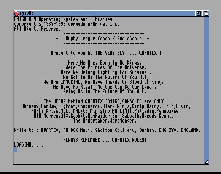 Screenshot of "Rugby League Coach" - Crack: Quartex (QTX) - Published by Audiogenic on Commodore Amiga (1994)