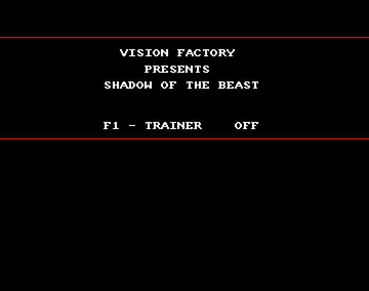 Screenshot of "Shadow of the Beast" - Crack and Trainer (+1): Vision Factory (VF) - Published by Psygnosis on Commodore Amiga (1989)