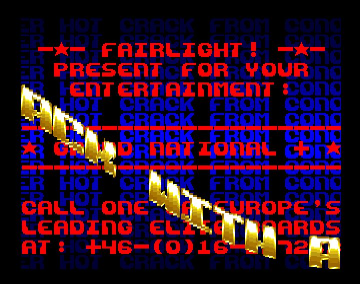 Screenshot of "Grand National" - Crack: Fairlight (FLT) - Trainer (+1): Conqueror - Zike - Published by Elite on Commodore Amiga (1989)