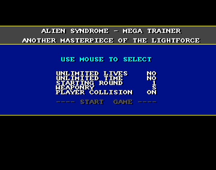 Screenshot of "Alien Syndrome" - Trainer (+5): The Lightforce (TLF) - Published by ACE on Commodore Amiga (1988)