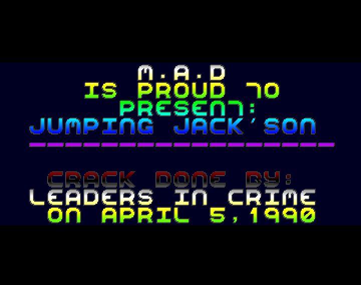 Screenshot of "Jumping Jack'Son" - Crack: Mutual Assured Destruction (MAD) - Published by Infogrames on Commodore Amiga (1990)