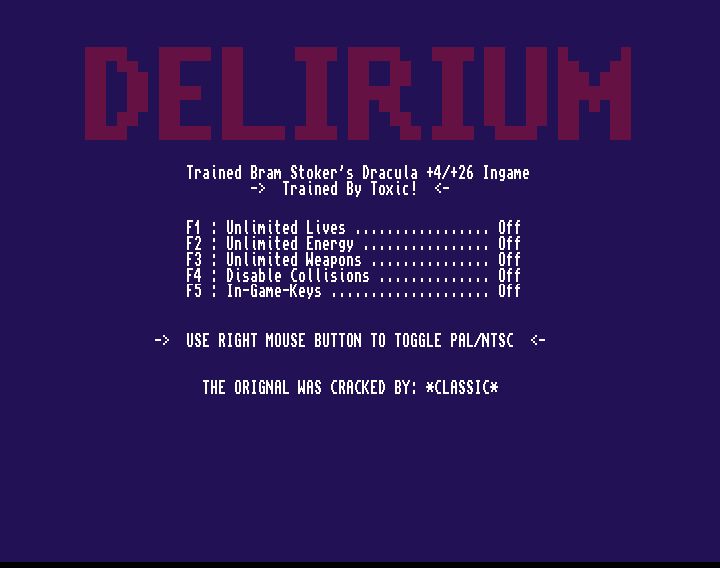 Screenshot of "Bram Stoker's Dracula" - Crack: Classic (CLS) - Trainer (+30): Delirium (DLM) - Published by Psygnosis on Commodore Amiga (1994)