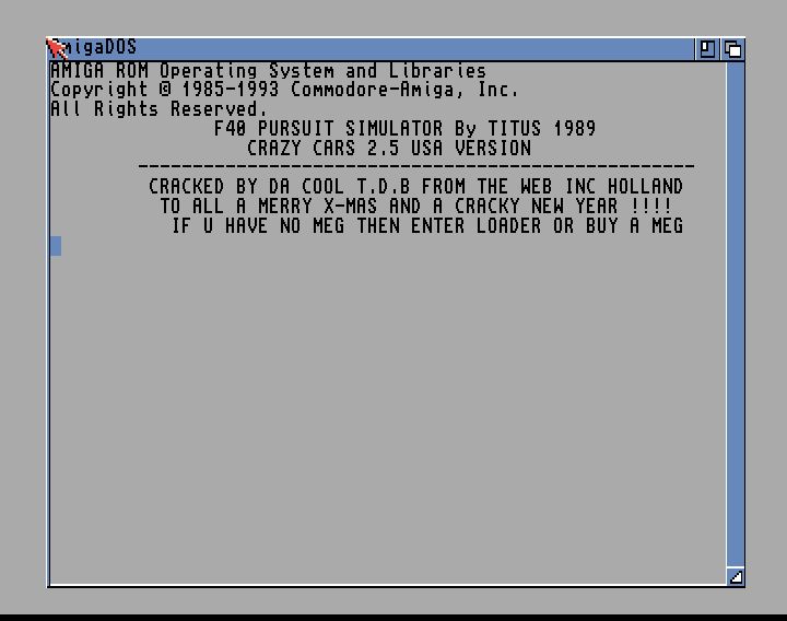 Screenshot of "F40 Pursuit Simulator" - Crack: The Web Inc. Holland (TWI) - Published by Titus on Commodore Amiga (1989)