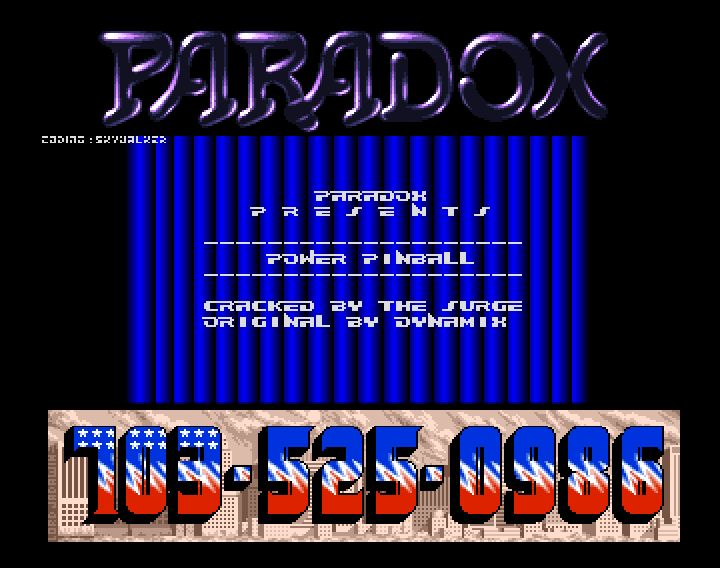 Screenshot of "Power Pinball" - Crack: Paradox (PDX) - Published by KarmaSoft on Commodore Amiga (1989)