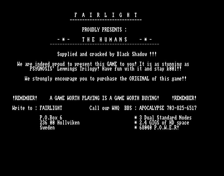 Screenshot of "The Humans" - Crack: Fairlight (FLT) - Published by Mirage on Commodore Amiga (1992)