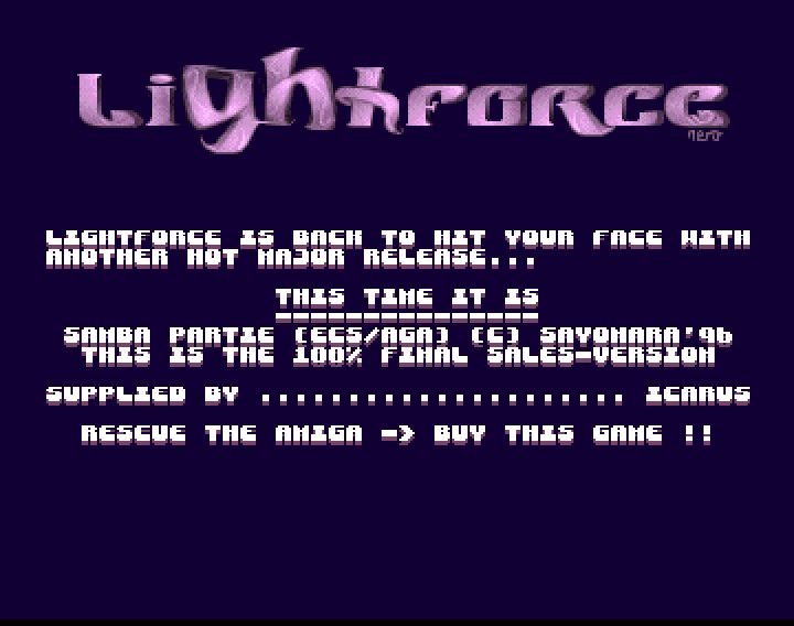 Screenshot of "Samba Partie" - Crack: Lightforce (LFC) - Published by Sayonara on Commodore Amiga (1996)