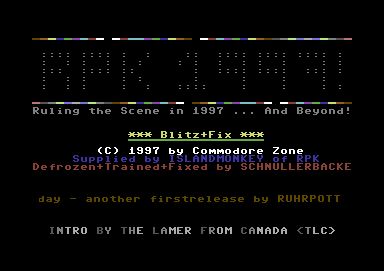 Screenshot of "Blitz" - Crack: RPK - Published by Commodore Zone-Binary Zone on Commodore 64 (1997)