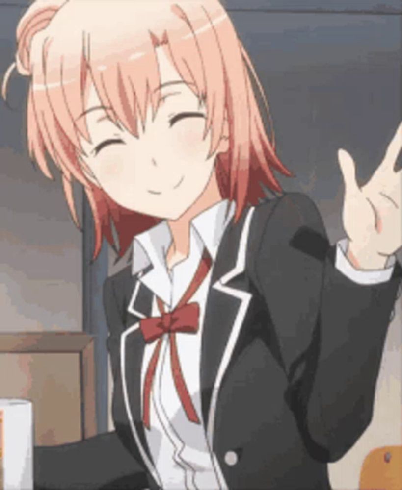 a girl with pink hair is wearing a suit and giving a peace sign