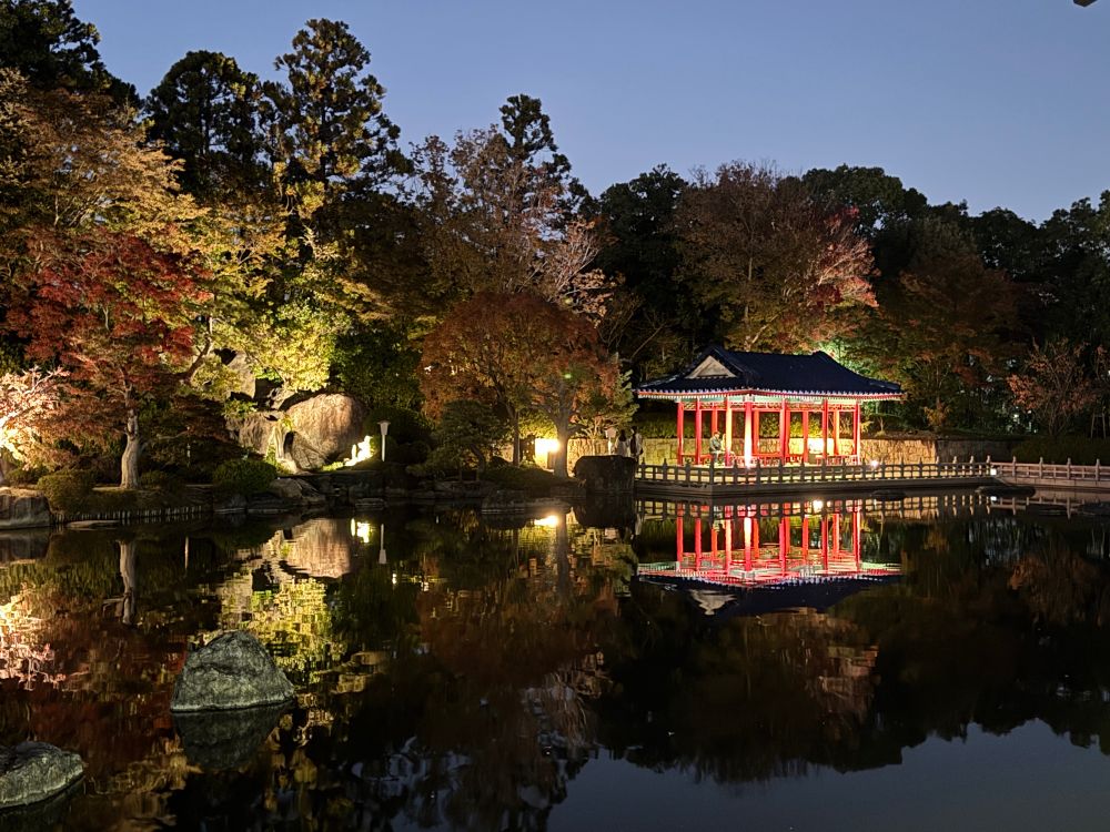 A red teahouse viewed across water at night