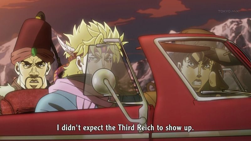 Anime screenshot of a man in a hat, a blonde guy, and a brown haired guy all looking off into the distance with angry expressions. Caption reads "I didn't expect the third Reich to show up."