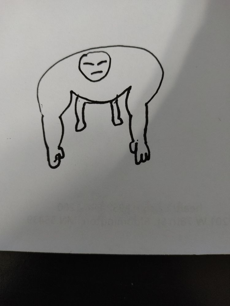 A bad sketch of a big guy hunched over looking towards you. Not sure even about what this is lol