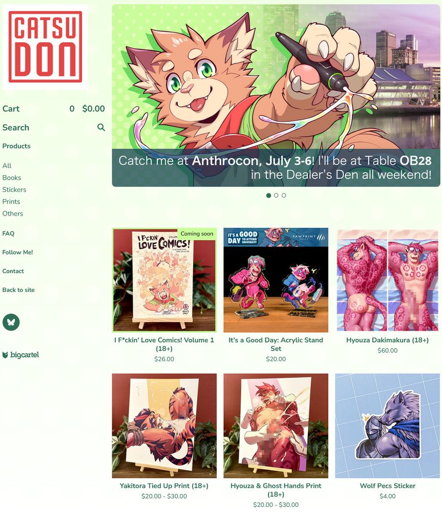A screenshot of my store web page. A banner says "Catch me at Anthrocon, July 3-6! I'll be at Table OB28 in the Dealer's Den all weekend!" Various products of mine are displayed below.