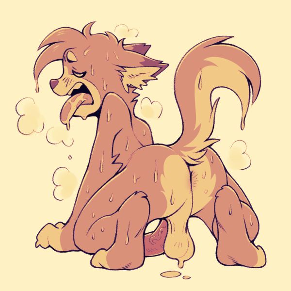 Depiction of myself, represented by Catsudon, on a hot day, stripped of all clothes, with my ass and dangling balls presented from behind, sweat dripping from every part of my body. Art