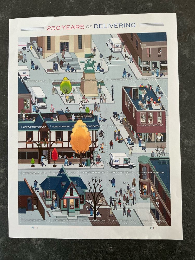 A sheet of U. S. Postal Service stamps with “250 Years of Delivering” title. It portrays a city scene with people walking around, eating in a restaurant, partying on a rooftop, etc. while a postal carrier makes her rounds.