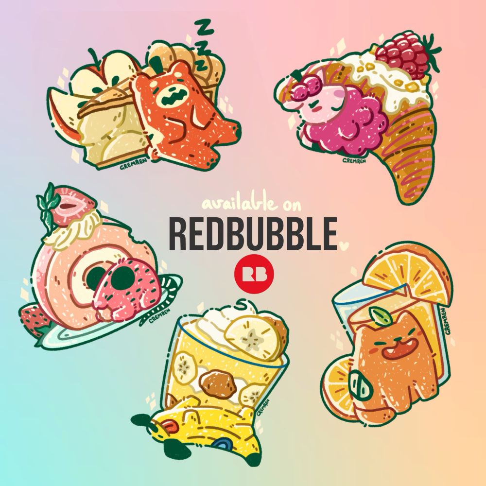 An image of all my produce pal dessert designs, circling an “available on redbubble” piece of text in the middle.