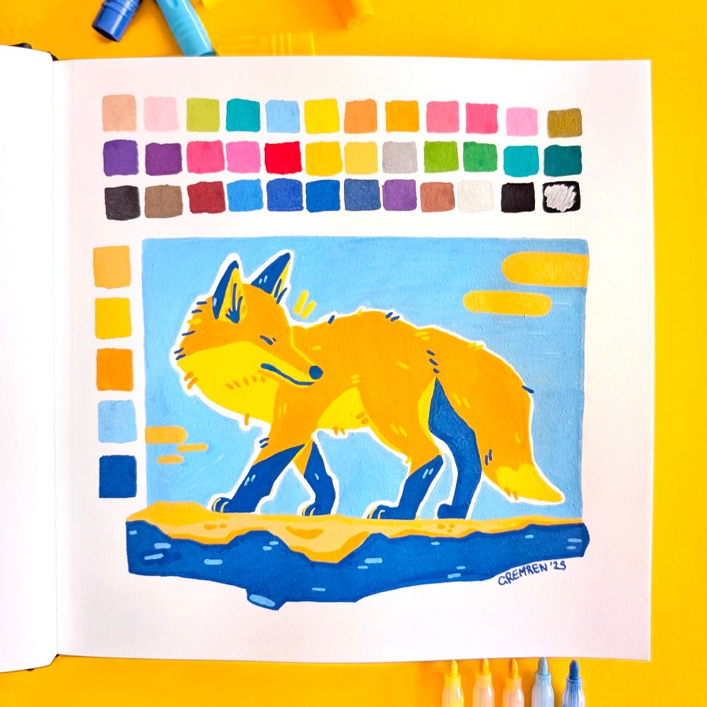A traditional illustration of. fox on a snowy log, done in 5 colours with thick nib paint pens.