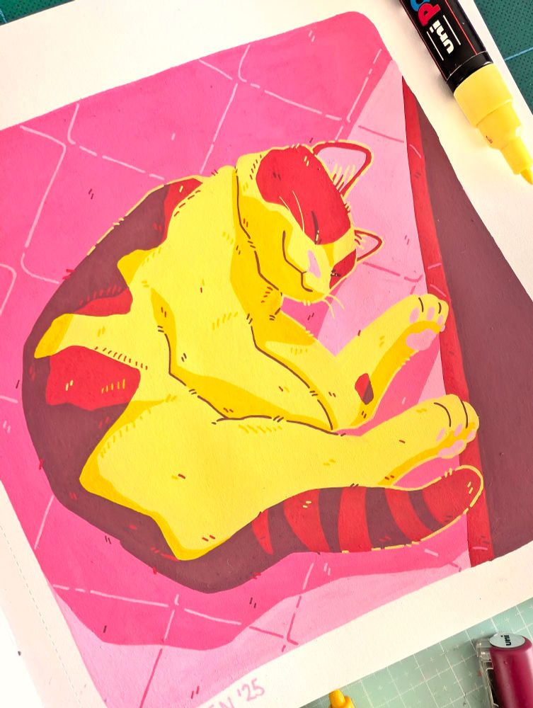 A vibrant cat enjoying their sun spot, rendered traditionally in reds, yellows and pinks with posca paint pen.
