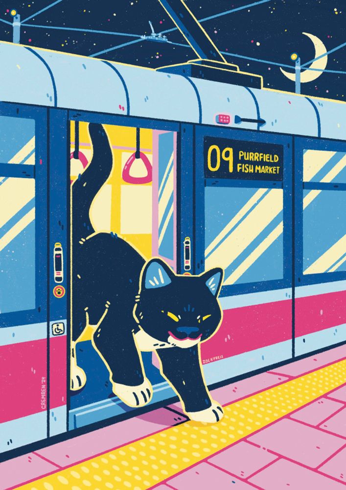 A giant tuxedo cat stepping out of a tram on a moonlit night. This portrait A4 piece uses bold blues, yellows and magentas to create a striking and vibrant composition.