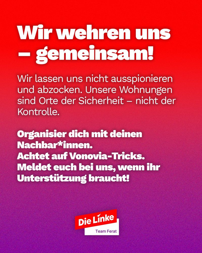 Roter Hintergrund mit Text „Wir wehren uns – gemeinsam!“ gegen Überwachung und Abzocke. Aufruf zur Nachbarschaftsorganisation.