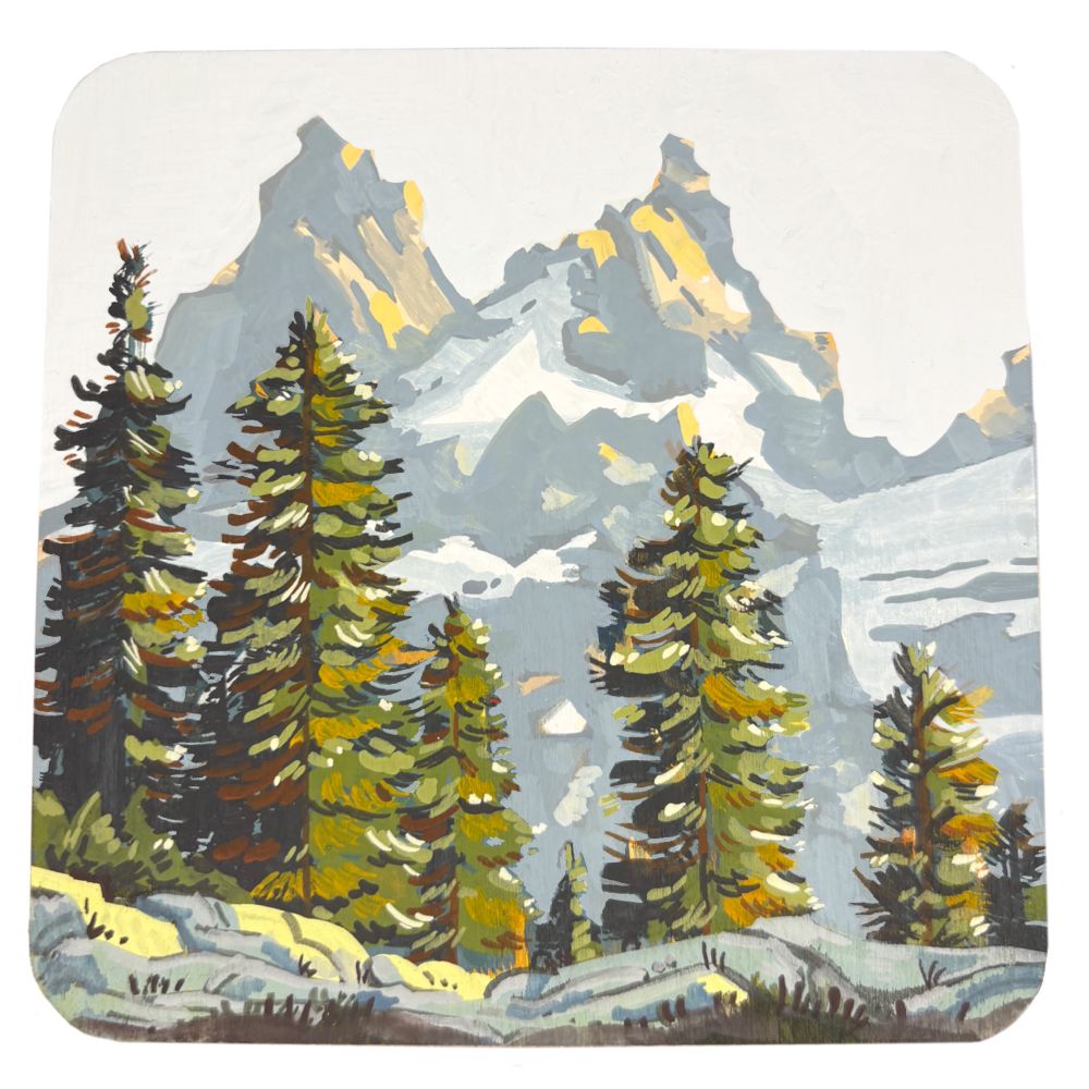 A wooden coaster painted w gouache. The scene is a pine forest with a backdrop of mountains. 