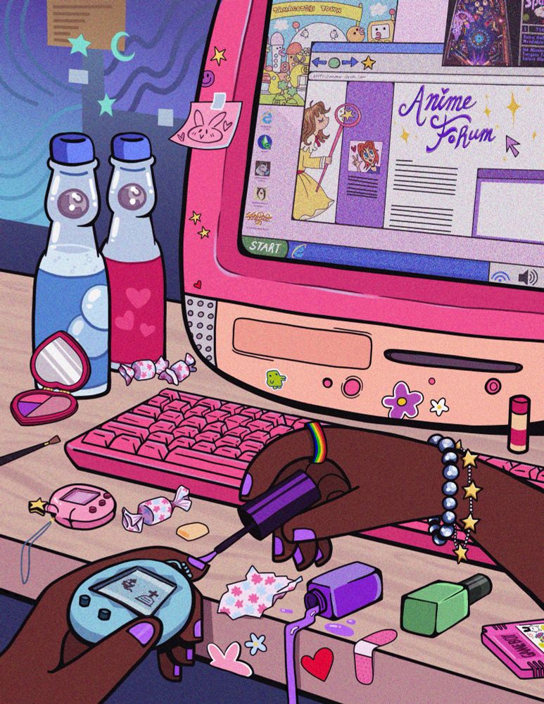 an illustration of an old computer at a desk that evokes nostalgia for the early 2000s. hands are seen over the desk painting their nails while simultaneously playing with a tamagotchi. the desk is scattered with nail polish, soda pop, and candies. 
