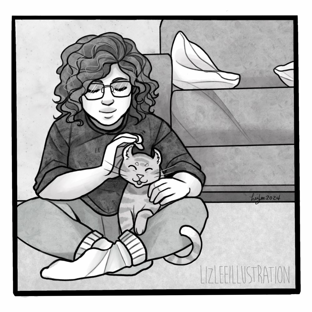 A comic panel in black and white of a woman petting her contented cat