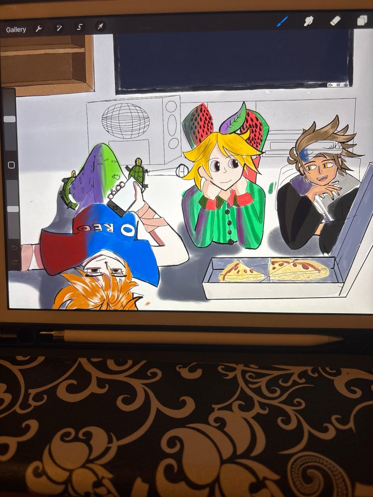 Three male characters at a sleepover. There is an empty bookshelf in the wall and a television behind them. There is a karaoke machine and a dvd player below the tv. The character on the left has orange hair, a blue shirt that reads”Oreo,” turtle slippers and turtle pants. The character in the middle has a lead growing out of his head and watermelon themed pajamas. The character on the right has a sleep mask and a bathrobe. All three are lying down in a living room and enjoying pepperoni pizza. 