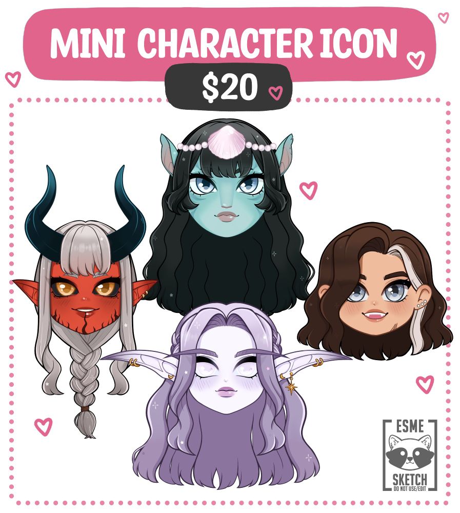 promotion post made by @esmesketch for 20 USD chibi icon commissions. Characters that are in the art are orginal characters made by @esmesketch from games BALDURS GATE 3, FAR CRY 5, WORLD OF WARCRAFT, AVATAR WAY OF THE WATER. 