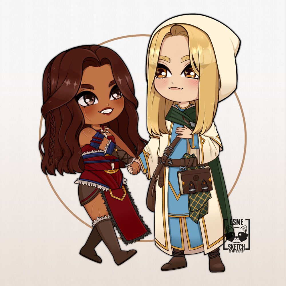 Chibi-style illustration commission of Pathfinder characters holding hands. On the left, a orginal character Katala. On the right, Tristian from PATHFINDER KINGMAKER. The characters are framed by a simple circular outline, with the artist's signature ESMESKETCH