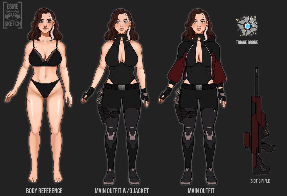 Reference sheet for Orginal character Mercy Graham made by @esmesketch for the game OVERWATCH 2