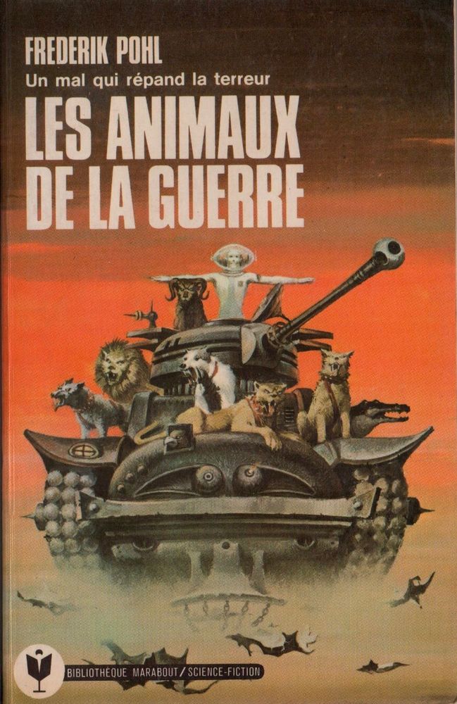 French title: Les Animaux de la Guerre. A large tank covered with dogs, lions, etc. There is a human at the top in a helmet. 