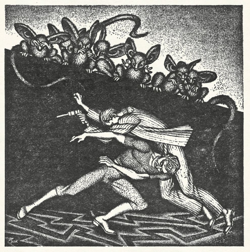 Two men wrestling or fighting above some zigzag lines. Above them a group of rat-like creatures watch.