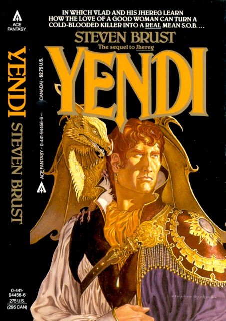 Cover for Yendi. Man with small dragon on his soldiers poses imperiously. He has earrings, golden hair, and a scrumptious cloak/coat.