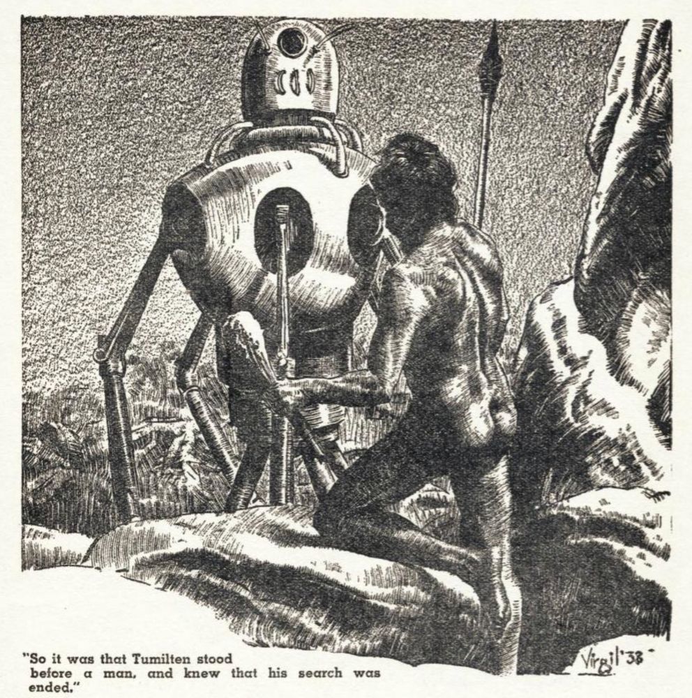 A man (cave man?) walks towards a robot. The man has a spear.