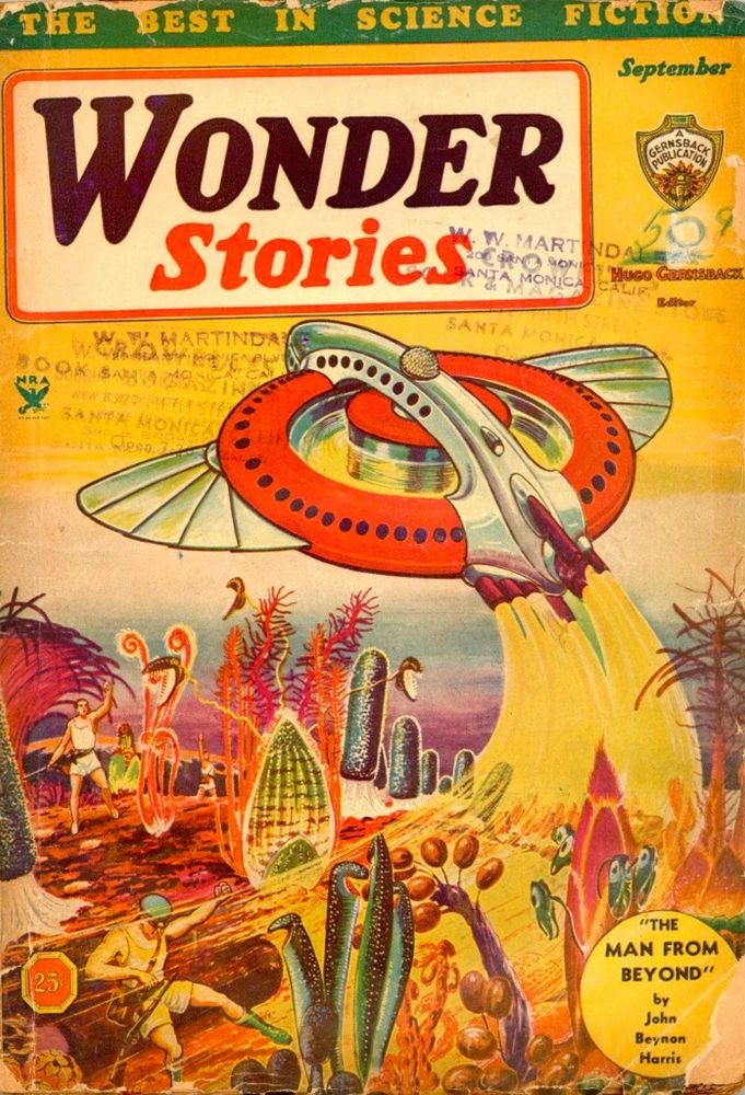 Cover for Frank R. Paul’s cover for Wonder Stories, ed. Hugo Gernsback (September 1934). The cover shows an amazing array of alien plants and a fantastic spaceship. 
