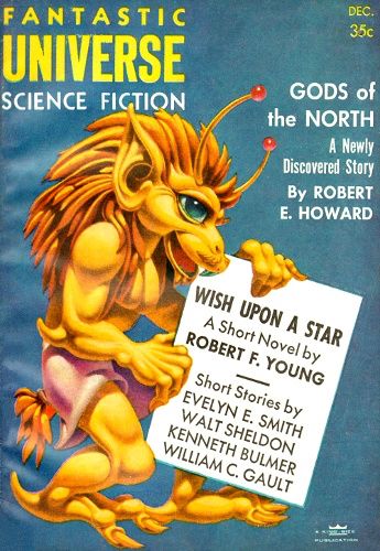 cover for Fantastic Universe. A lion/man holds the author list of the magazine contents. 