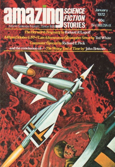 Cover for the January 1972 issue of Amazing Science Fiction Stories. A group of spaceships fly above a lunar (or Martian) surface. 