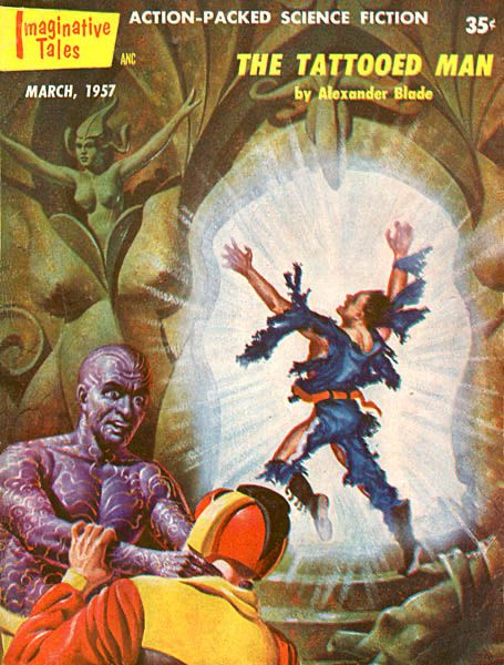 Cover for Imaginative Tales, March 1957. A purple man with body swirls grasps the neck of a helmeted person. In the background a man seems to be in the middle of an explosion ripping off his clothing. 