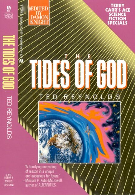 Cover for The Tides of God. Inlayed image shows a spaceship flying over earth.