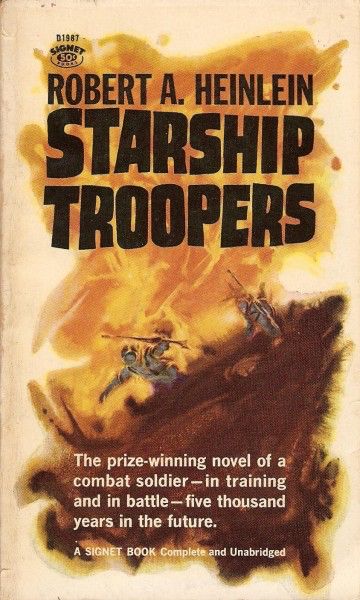 Cover for Starship Troopers. Two solders with guns run across what looks like a muddy field.